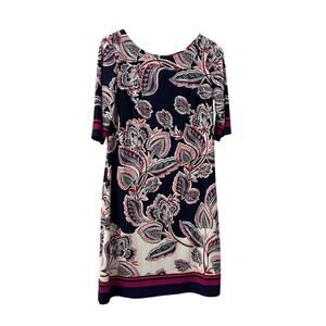 Eliza J Shift Dress Size 8 Floral Short Navy Blue Pink White 3/4 Sleeves